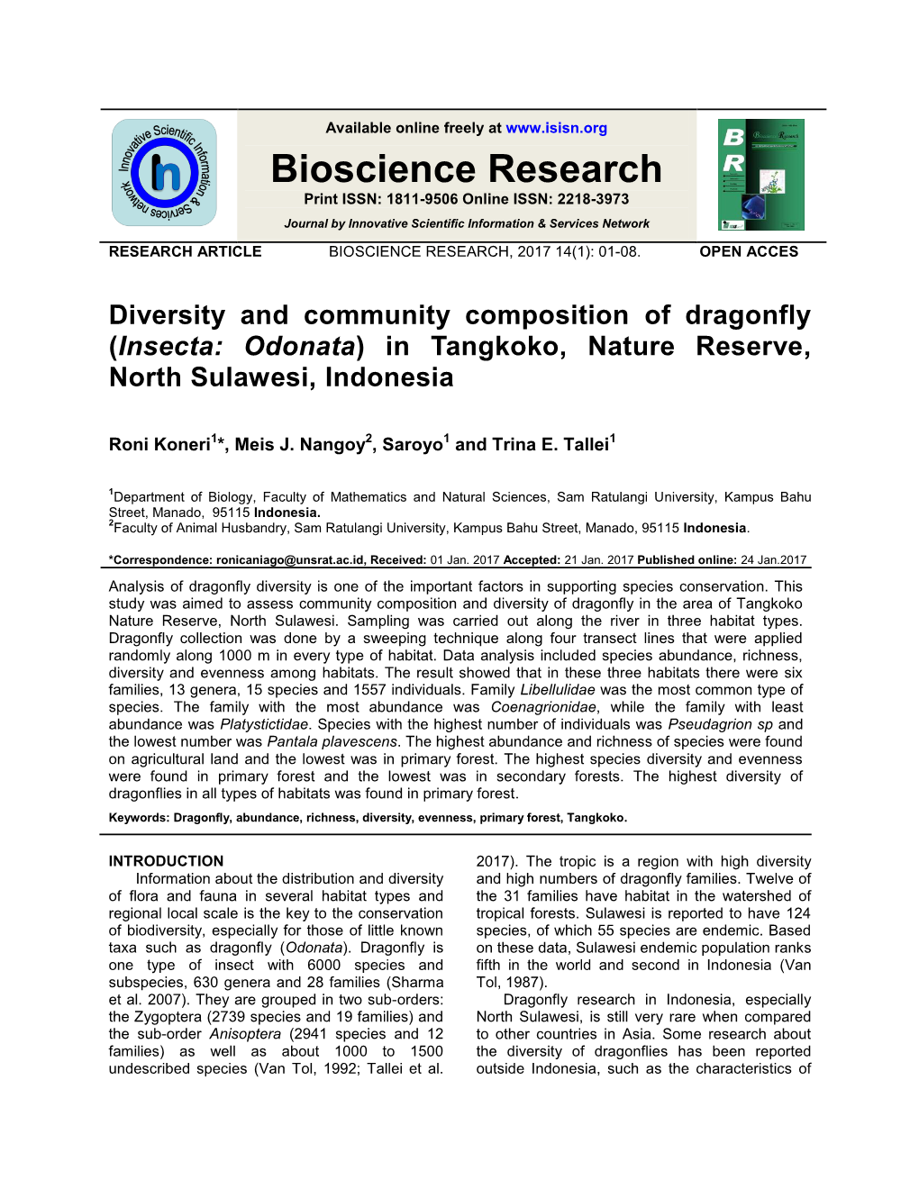 Diversity and Community Composition of Dragonfly (Insecta: Odonata) in Tangkoko, Nature Reserve, North Sulawesi, Indonesia