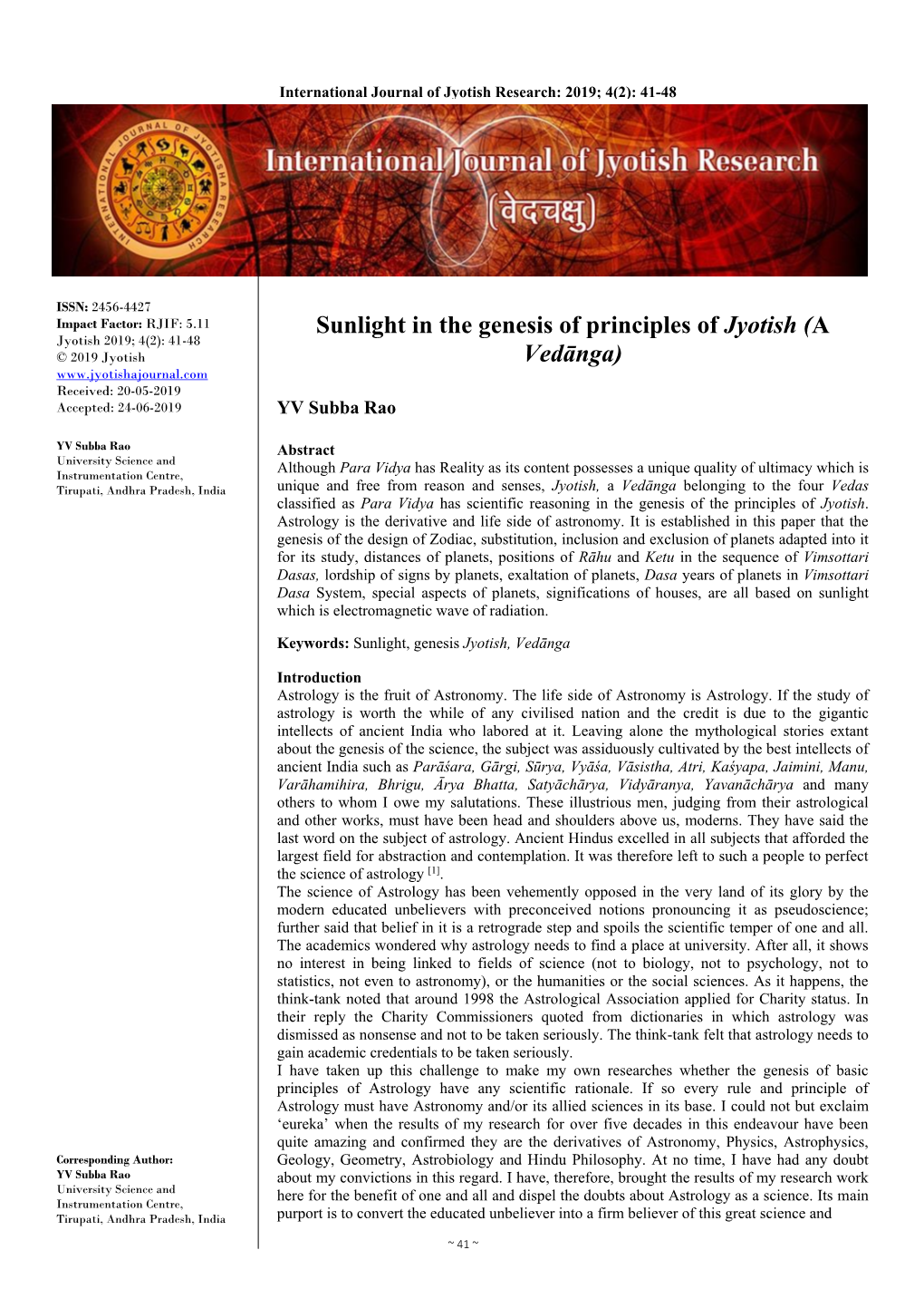 Sunlight in the Genesis of Principles of Jyotish