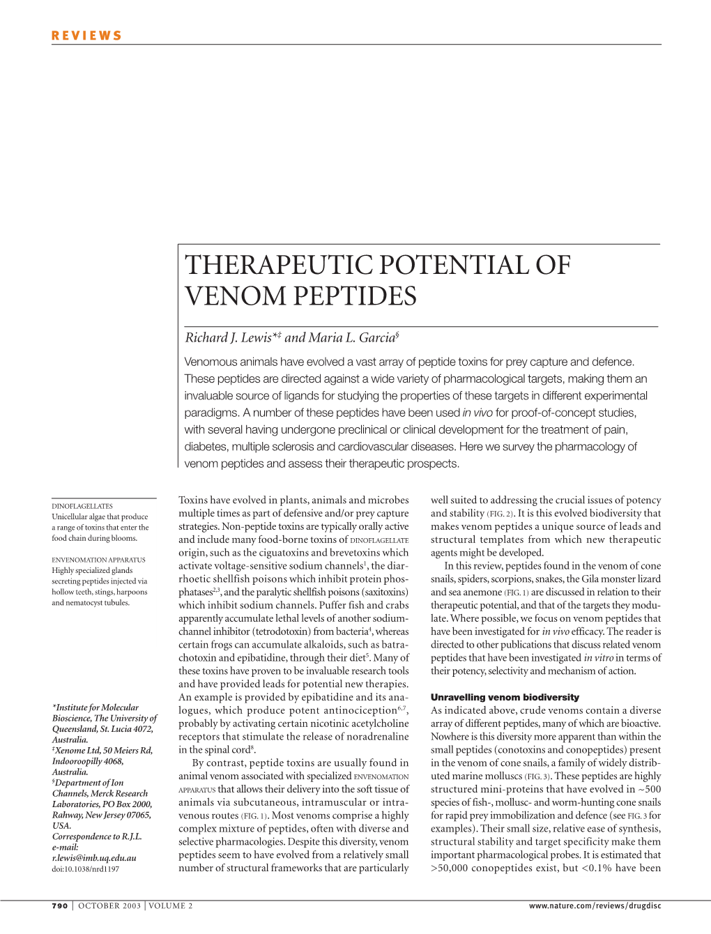 Therapeutic Potential of Venom Peptides