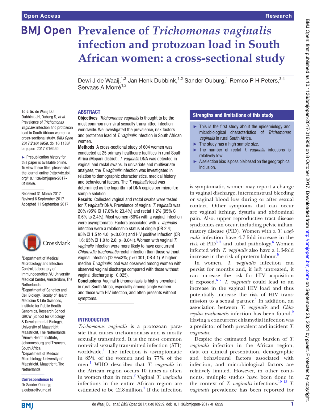 Prevalence of Trichomonas Vaginalis Infection and Protozoan Load in South African Women: a Cross-Sectional Study