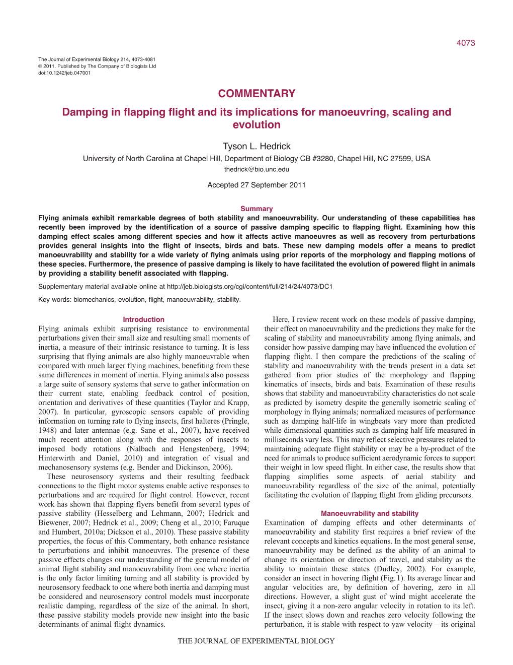 COMMENTARY Damping in Flapping Flight and Its Implications for Manoeuvring, Scaling and Evolution