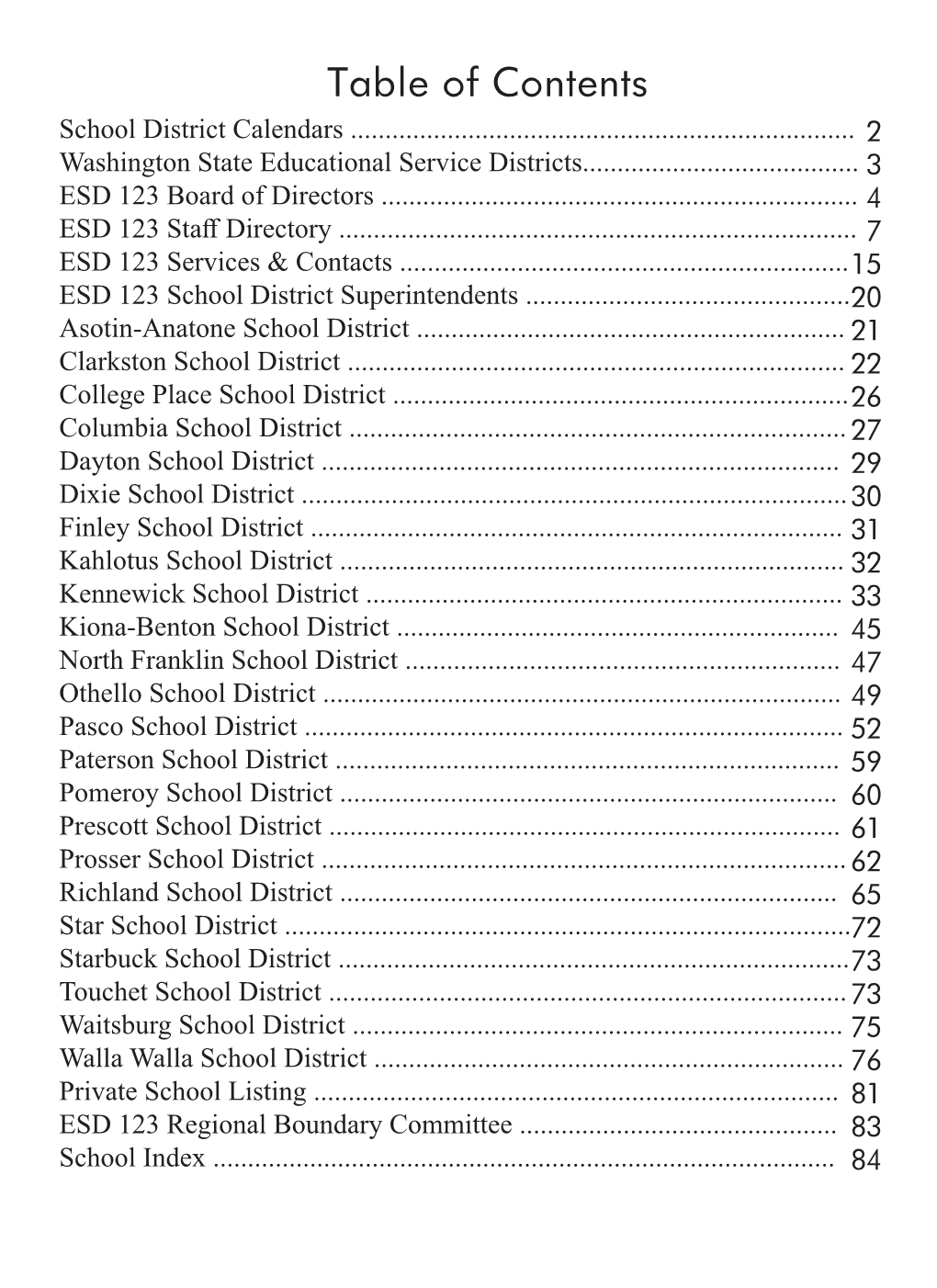 Table of Contents School District Calendars