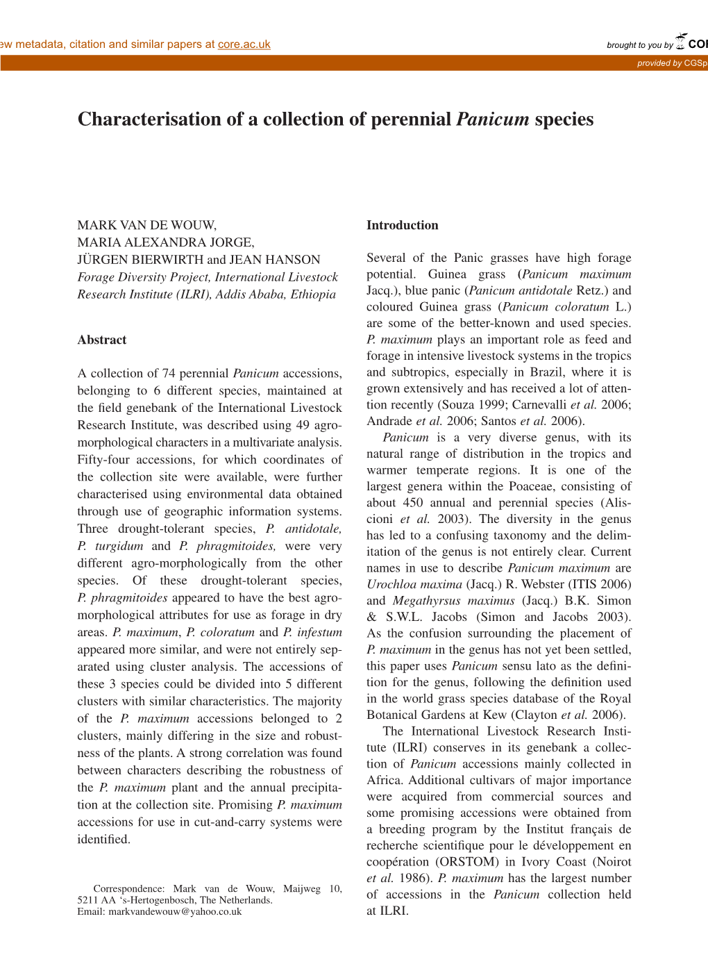 Characterisation of a Collection of Perennial Panicum Species