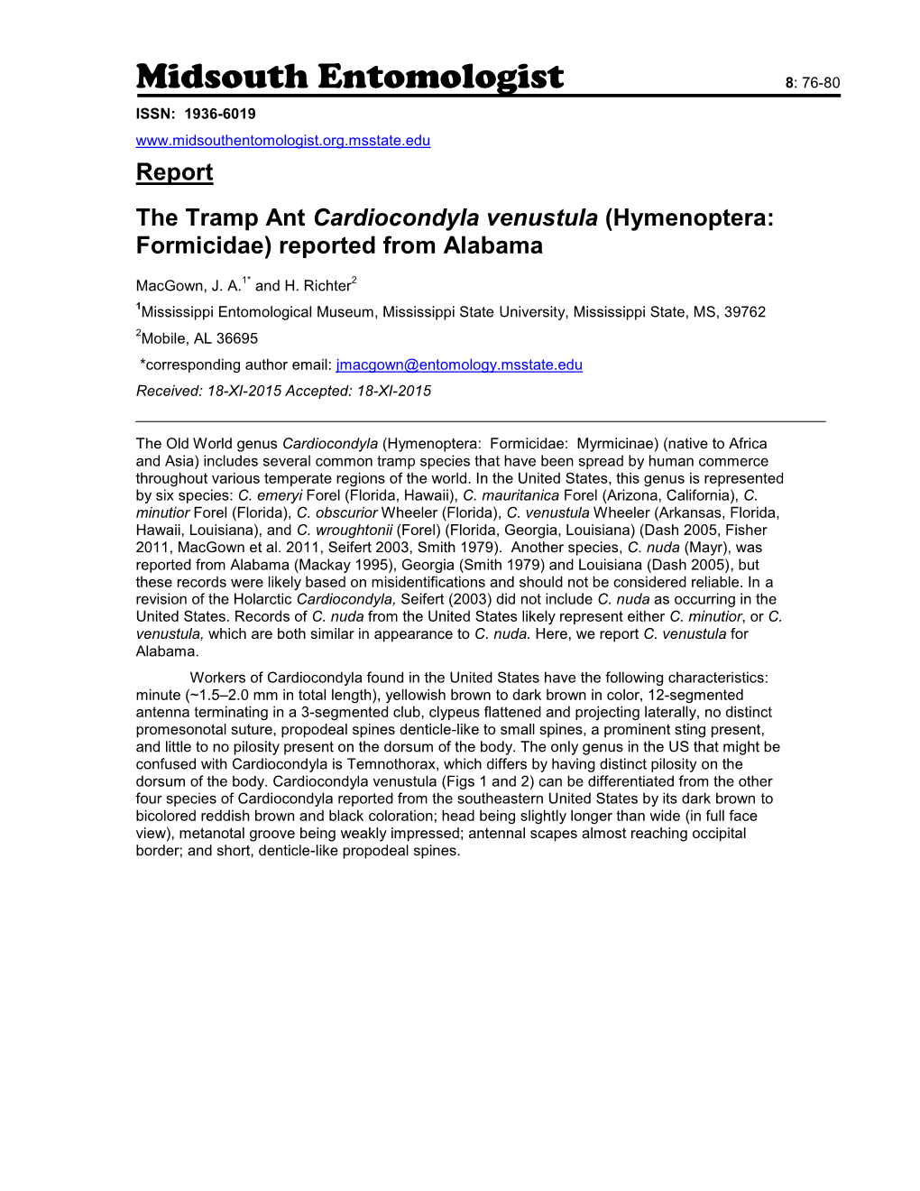 Report the Tramp Ant Cardiocondyla Venustula (Hymenoptera: Formicidae) Reported from Alabama