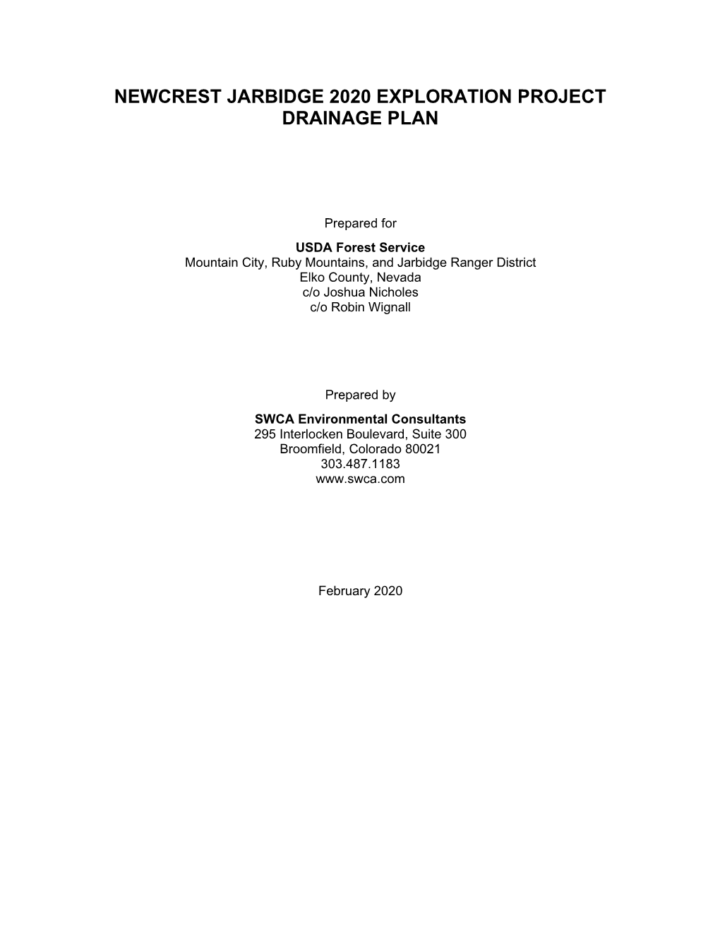 Newcrest Jarbidge 2020 Exploration Project Drainage Plan