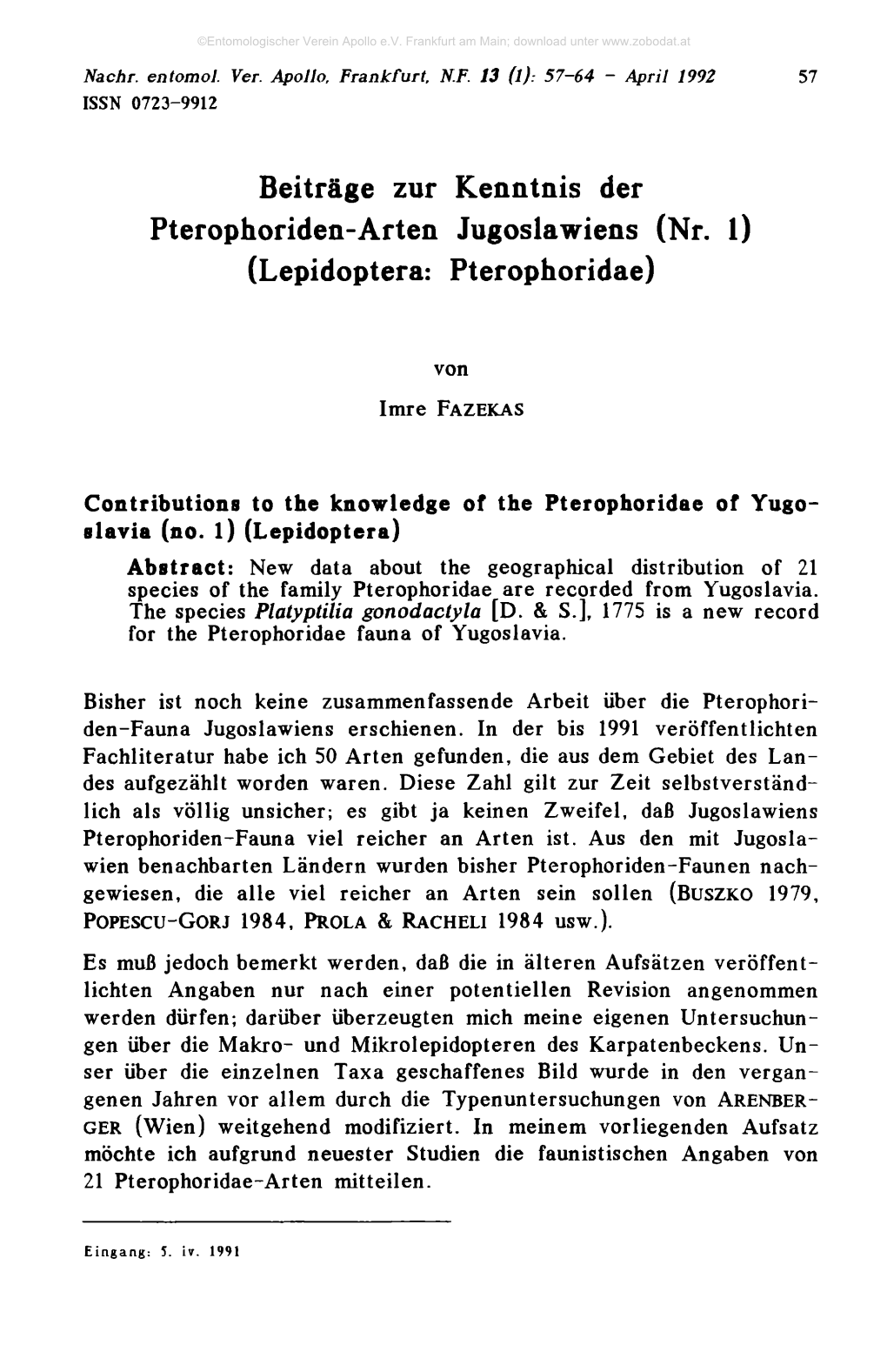 Beiträge Zur Kenntnis Der Pterophoriden-Arten Jugoslawiens (Nr