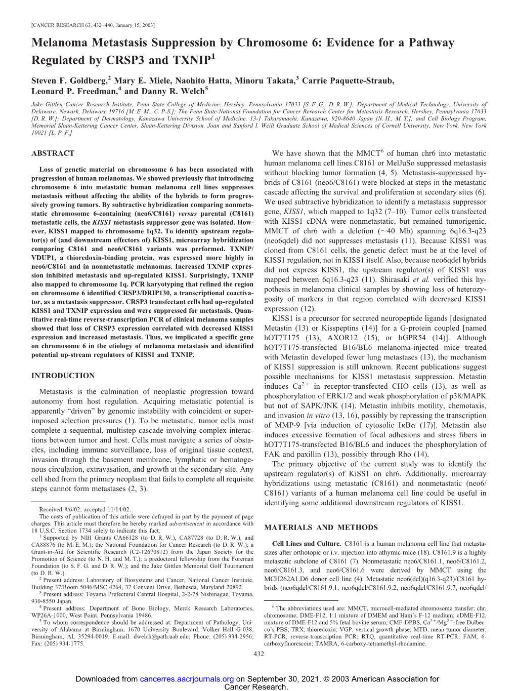 Melanoma Metastasis Suppression by Chromosome 6: Evidence for a Pathway Regulated by CRSP3 and TXNIP1