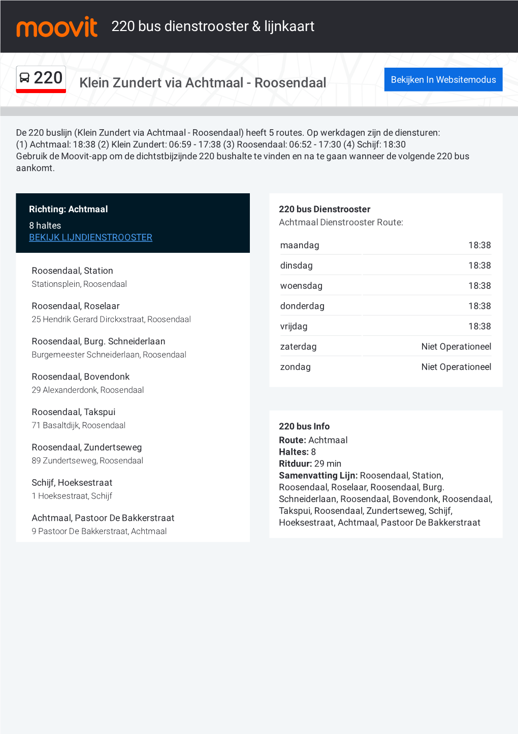 220 Bus Dienstrooster & Lijnroutekaart