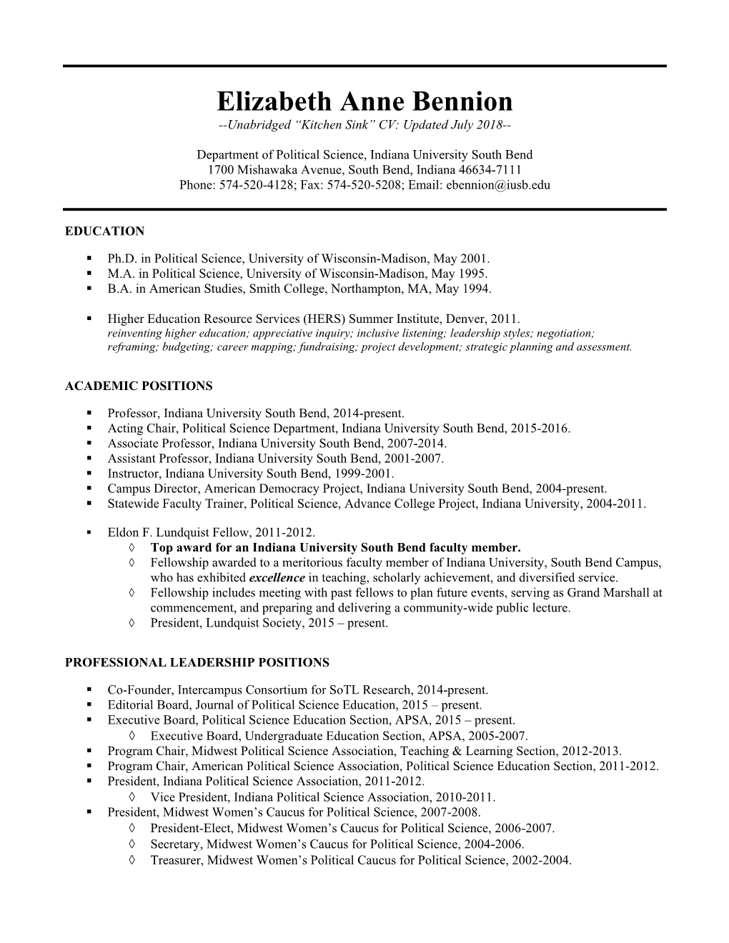 Elizabeth Anne Bennion --Unabridged “Kitchen Sink” CV: Updated July 2018