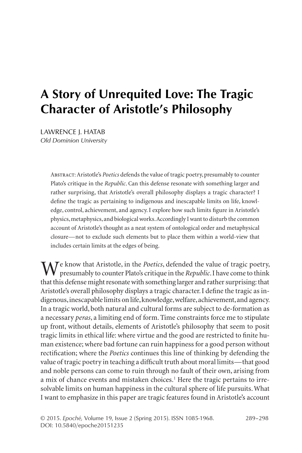 A Story of Unrequited Love: the Tragic Character of Aristotle's