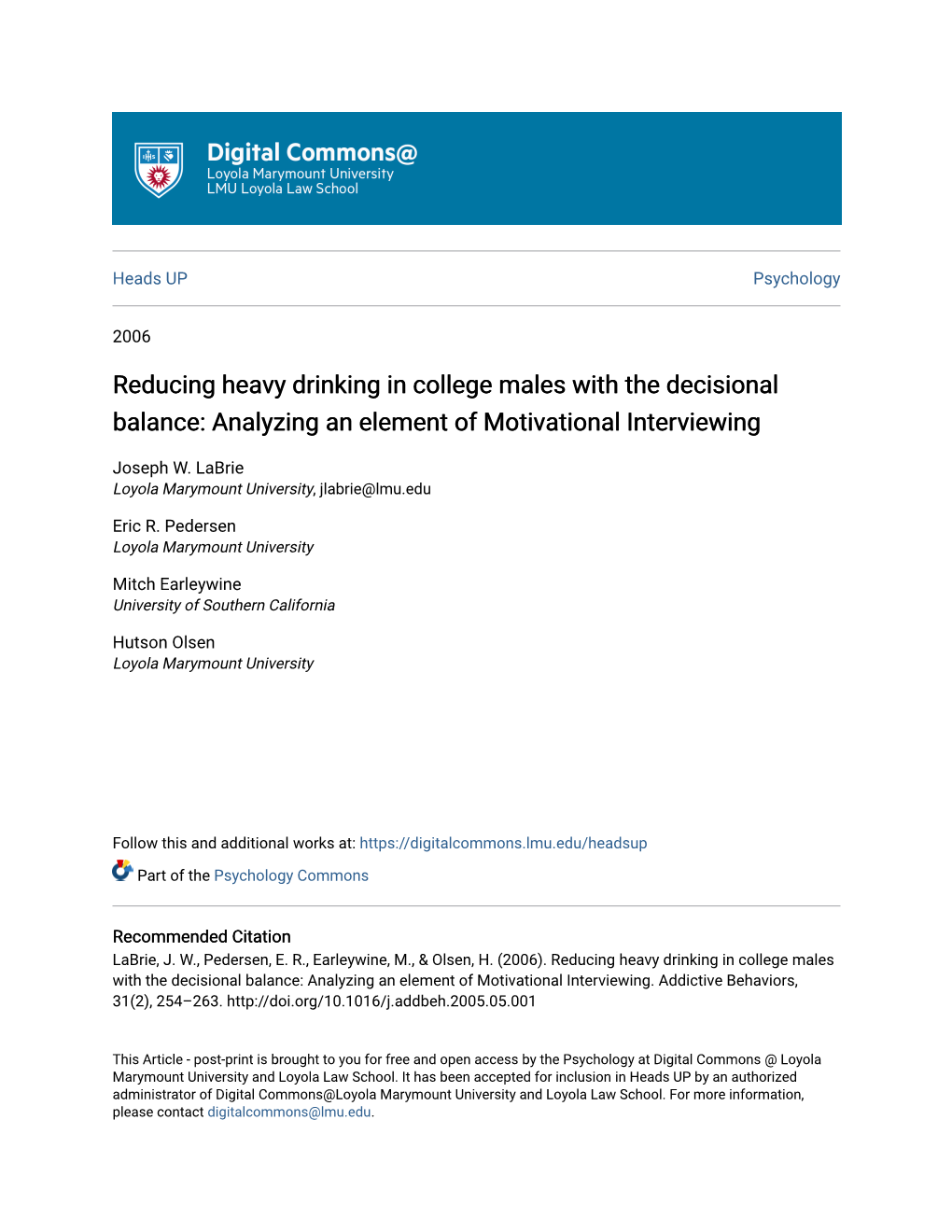 Reducing Heavy Drinking in College Males with the Decisional Balance: Analyzing an Element of Motivational Interviewing