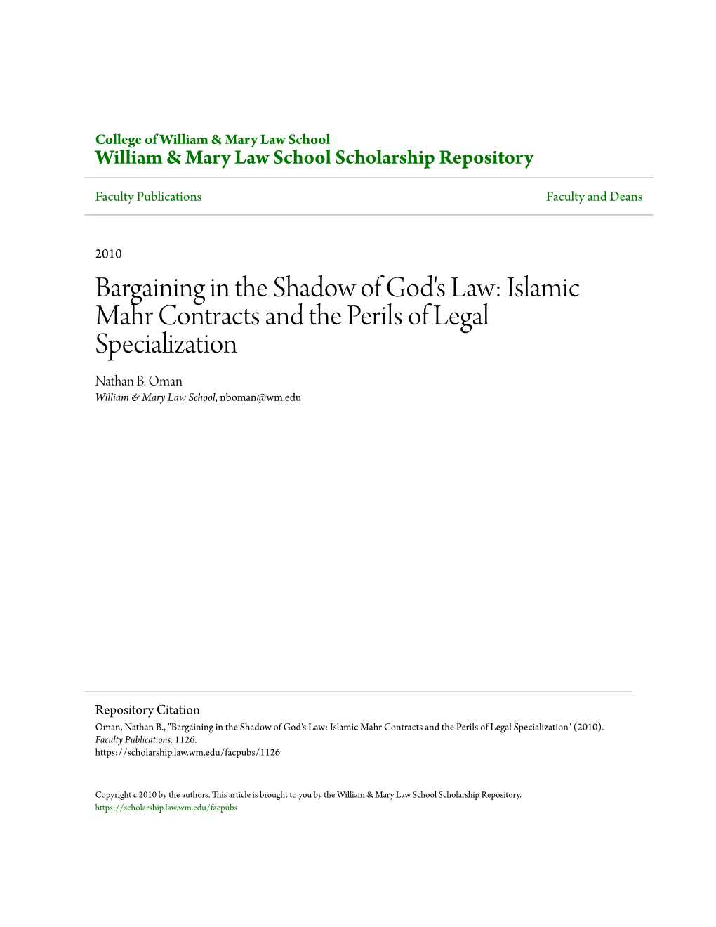 Islamic Mahr Contracts and the Perils of Legal Specialization Nathan B