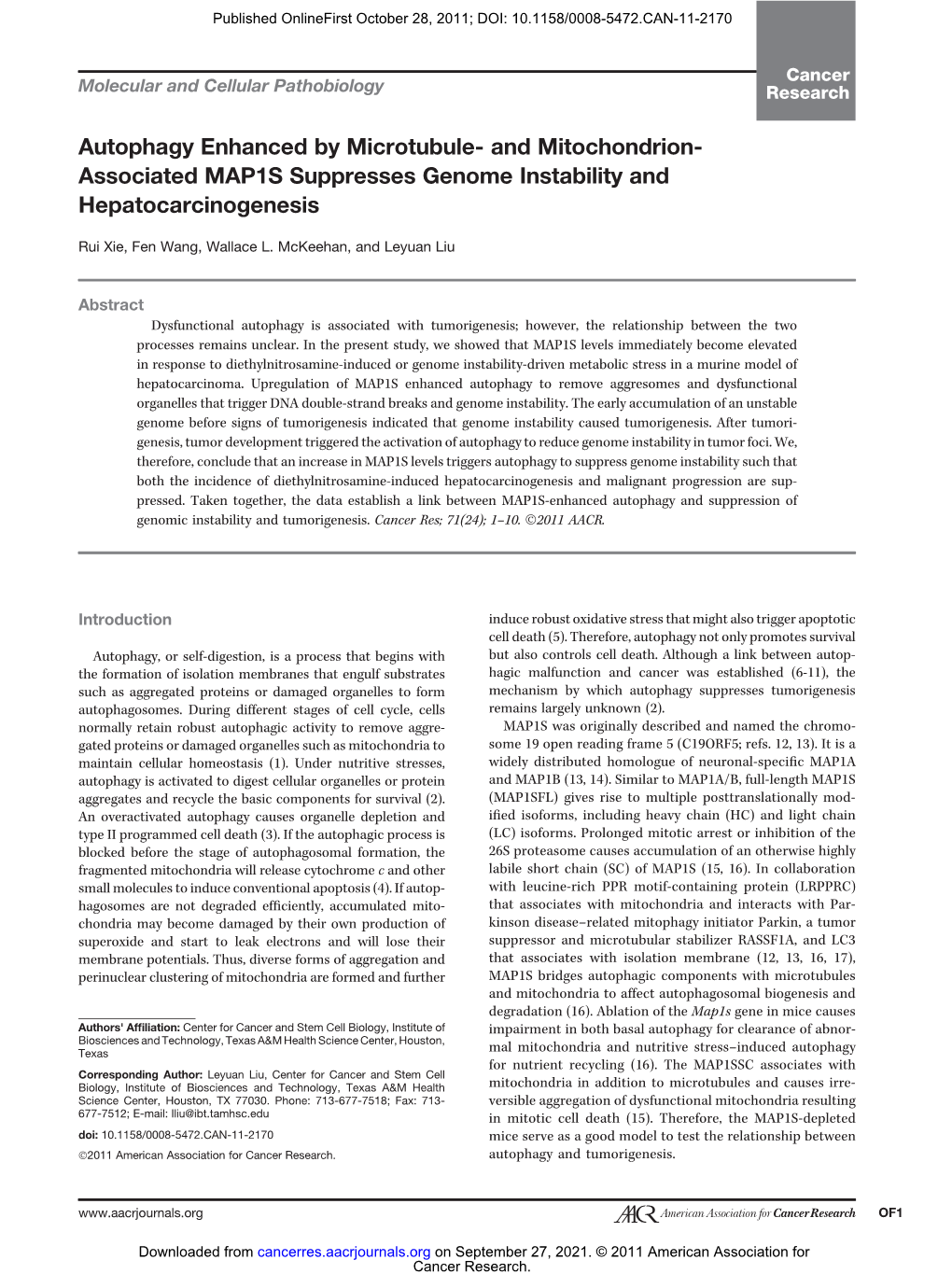 And Mitochondrion- Associated MAP1S Suppresses Genome Instability and Hepatocarcinogenesis