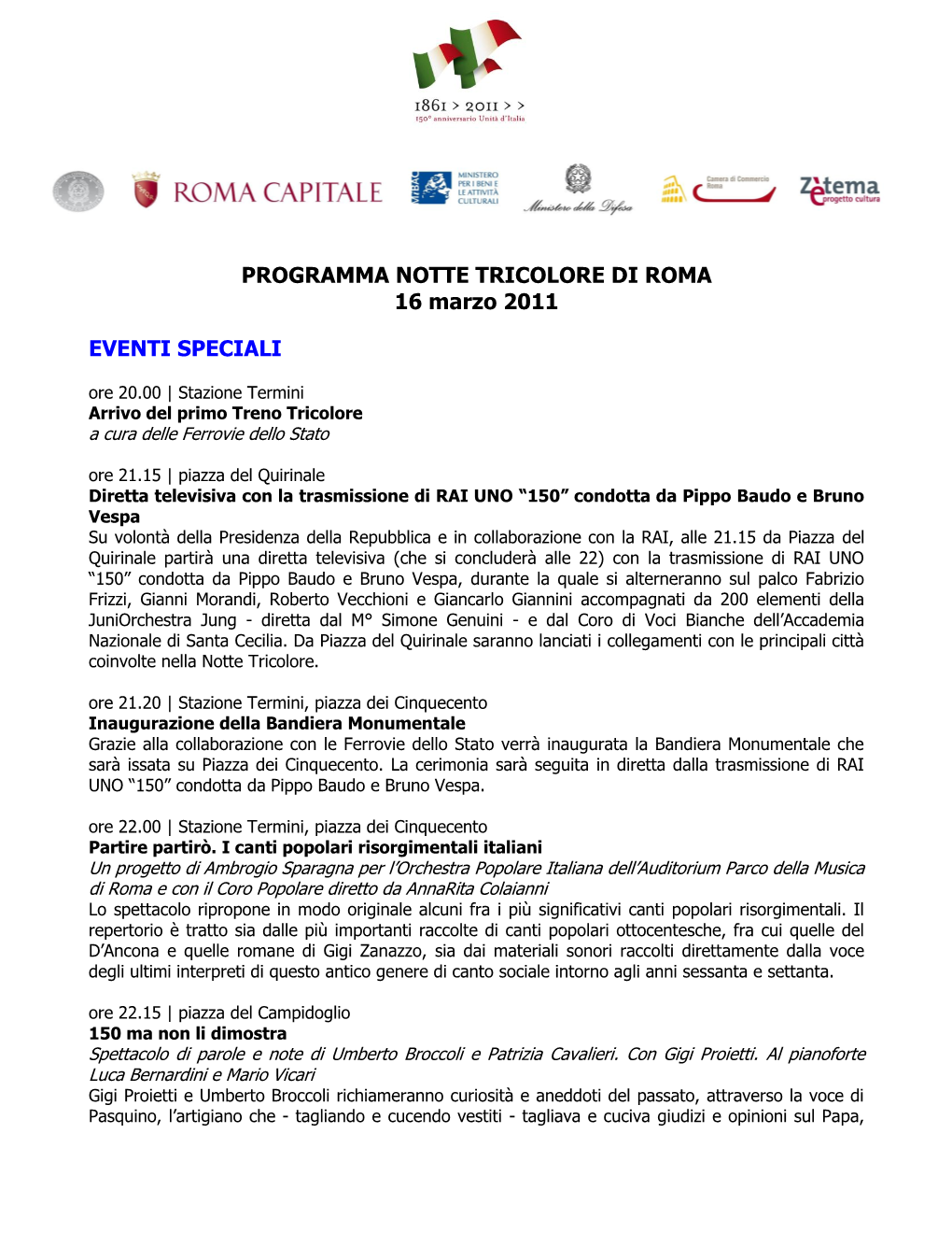 PROGRAMMA NOTTE TRICOLORE DI ROMA 16 Marzo 2011 EVENTI