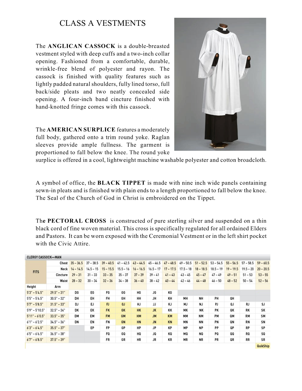 Class a Vestments Order Form