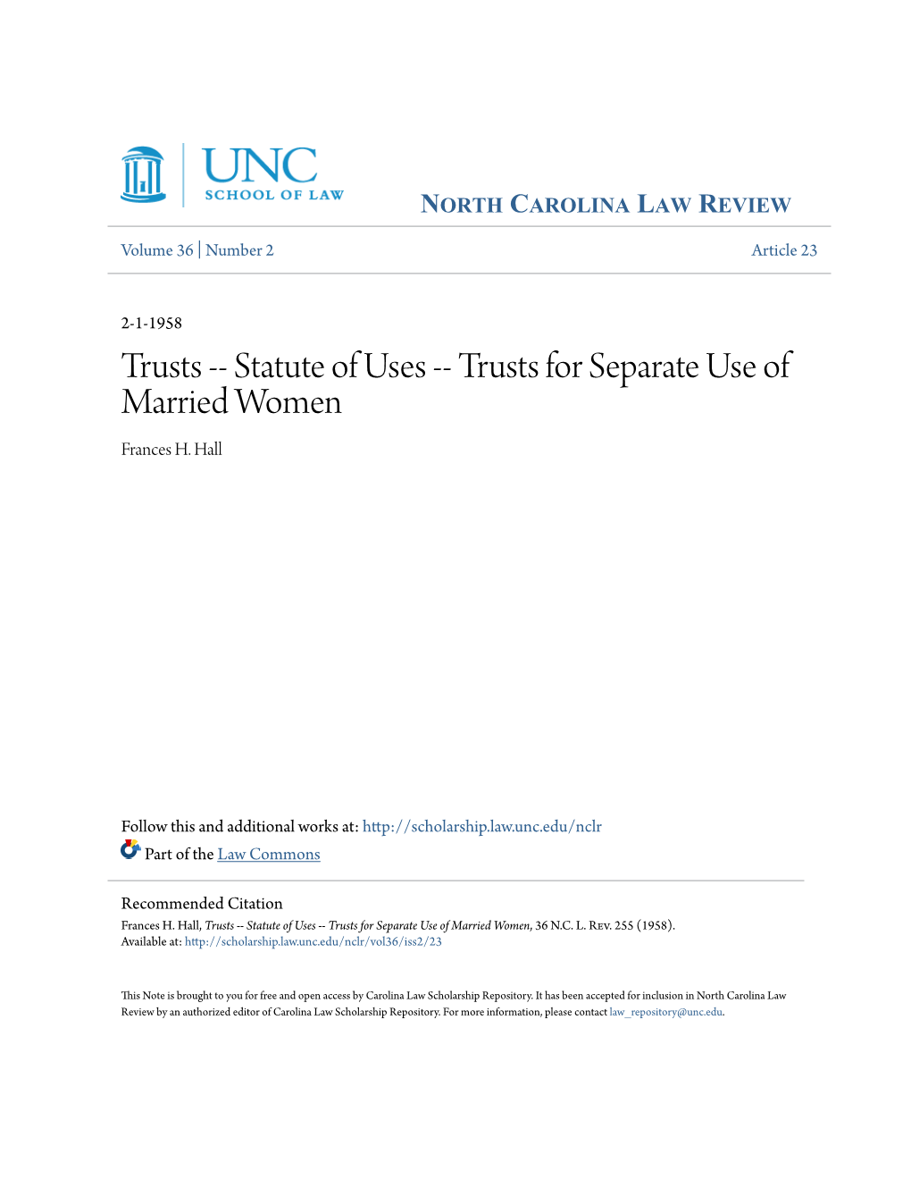 Trusts -- Statute of Uses -- Trusts for Separate Use of Married Women Frances H