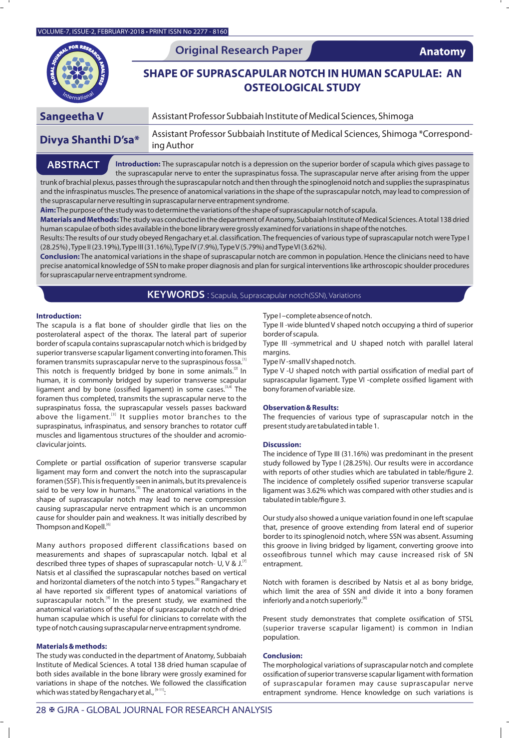 Shape of Suprascapular Notch in Human Scapulae: an Osteological Study