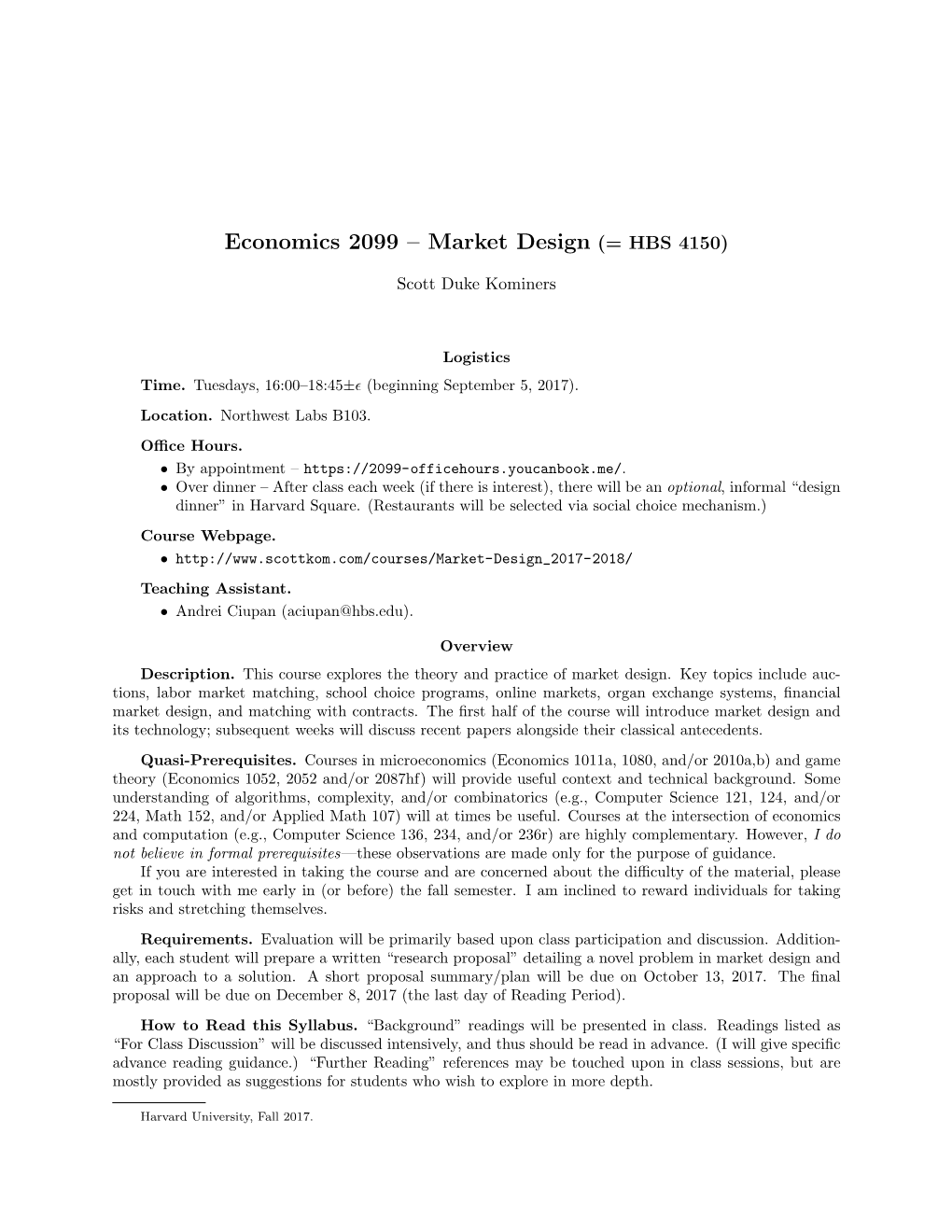 Economics 2099 – Market Design (= HBS 4150)