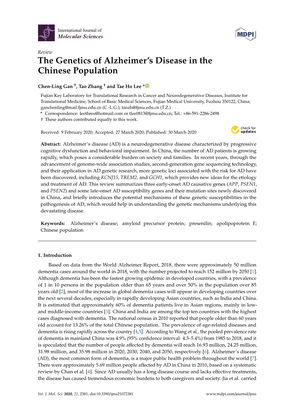 The Genetics of Alzheimer's Disease in the Chinese Population