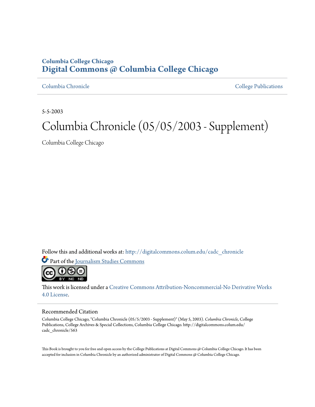 Columbia Chronicle (05/05/2003 - Supplement) Columbia College Chicago