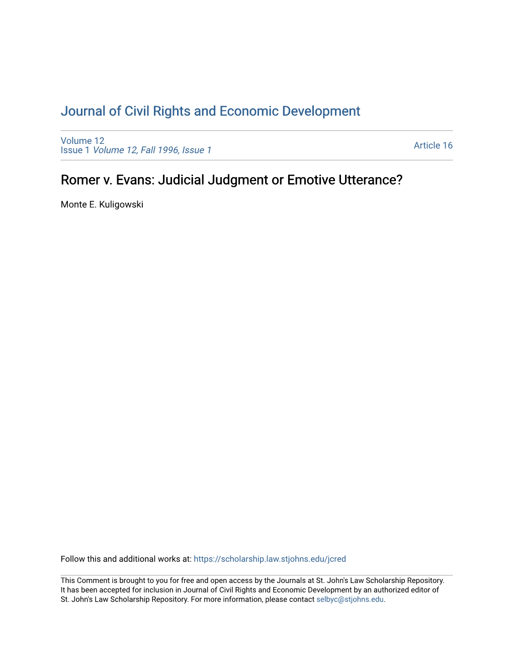Romer V. Evans: Judicial Judgment Or Emotive Utterance?
