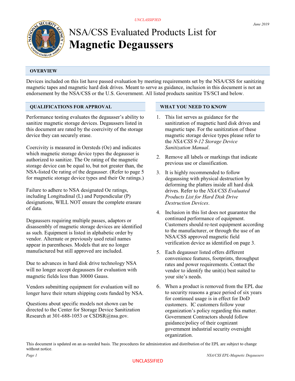 NSA/CSS Evaluated Products List for Magnetic Degaussers