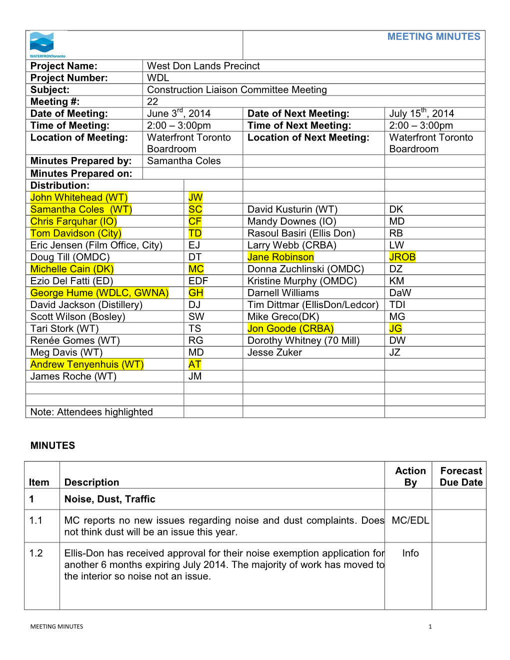 West Don Lands Construction Liaison Committee Meeting Minutes