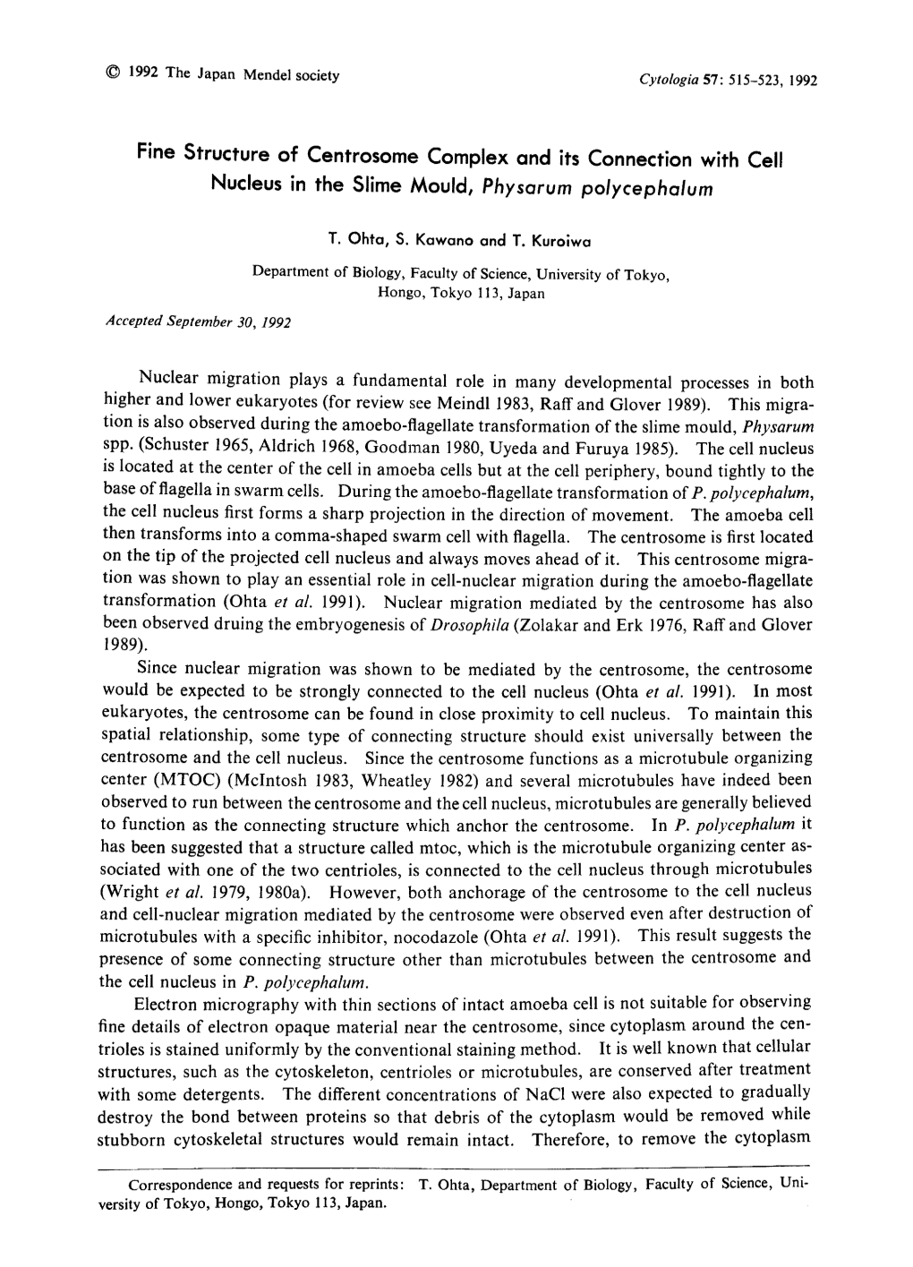 Fine Structure of Centrosome Complex and Its Connection with Cell Nucleus in the Slime Mould, Physarum Polycephalum