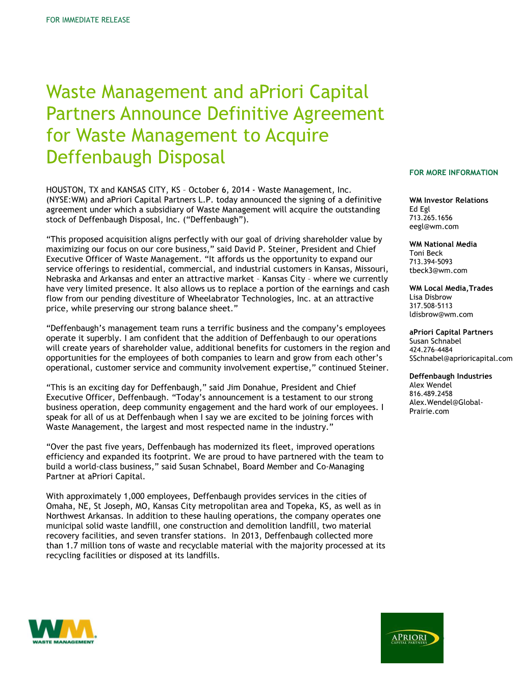 Waste Management and Apriori Capital Partners Announce