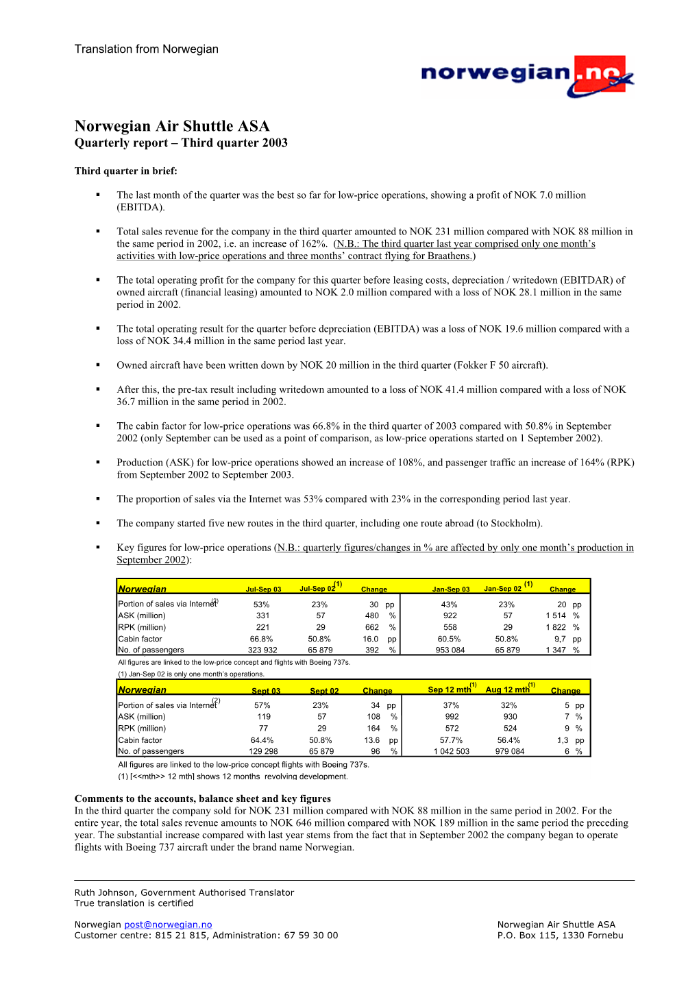 Norwegian Air Shuttle ASA Quarterly Report – Third Quarter 2003