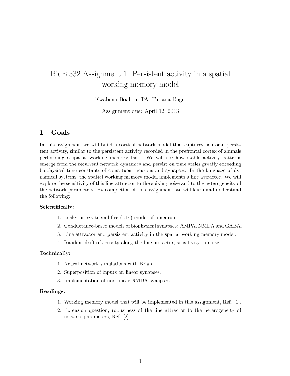 Bioe 332 Assignment 1: Persistent Activity in a Spatial Working Memory Model