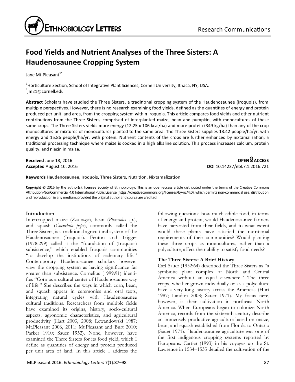 Food Yields and Nutrient Analyses of the Three Sisters: a Haudenosaunee Cropping System