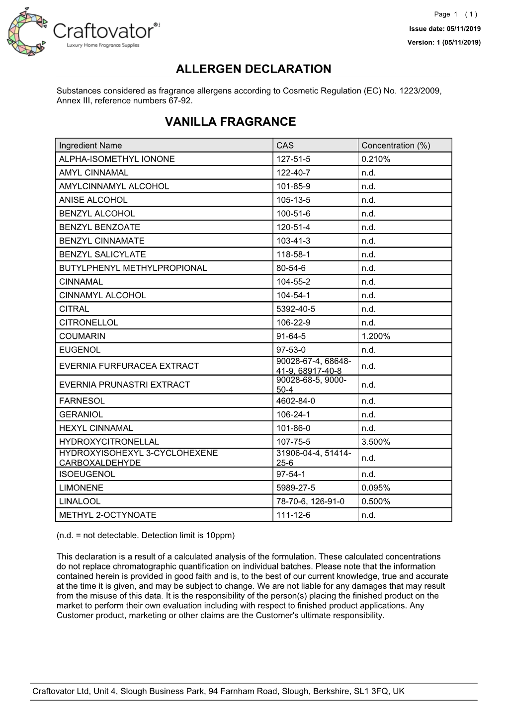 Allergen Declaration Vanilla Fragrance