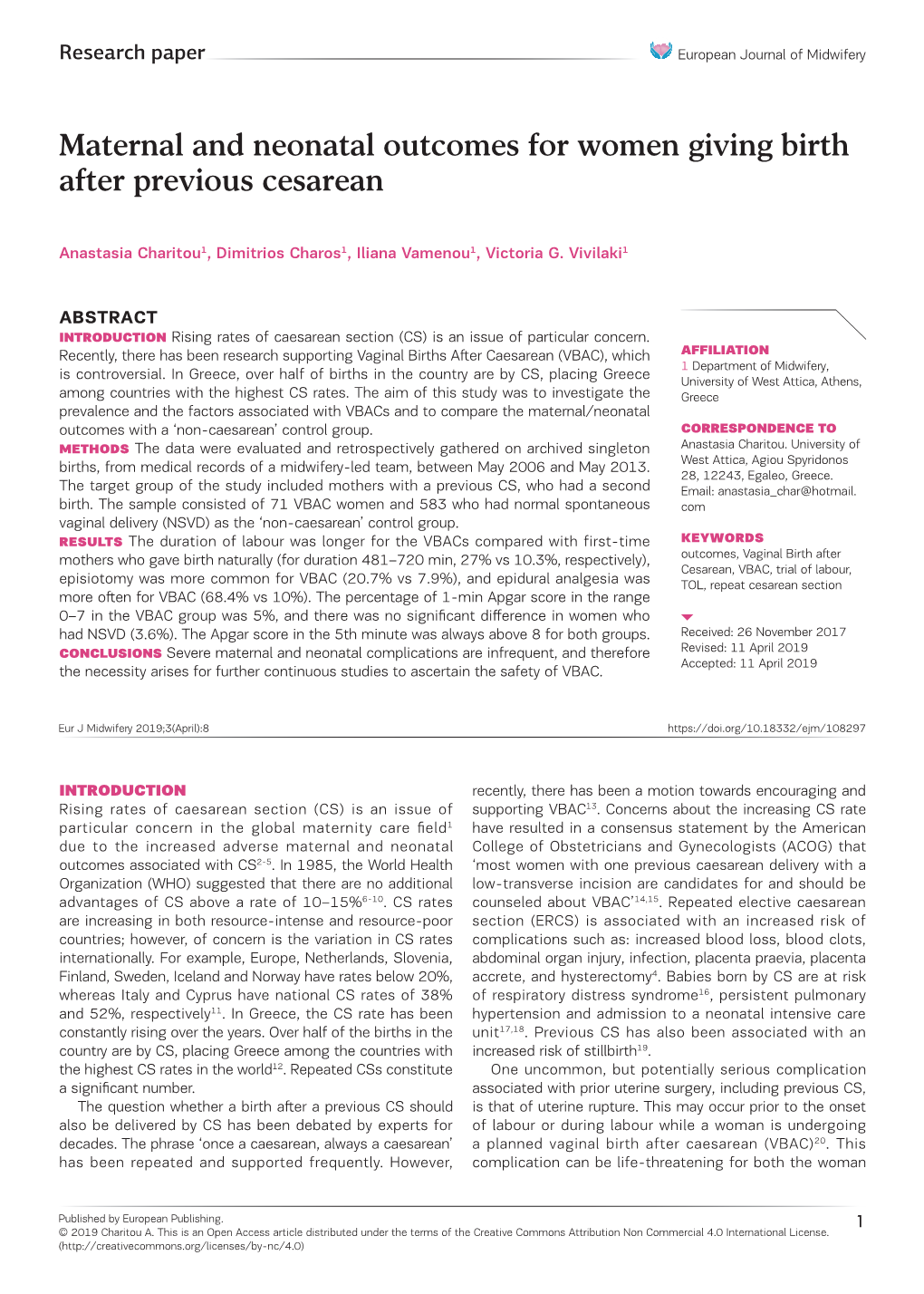 Maternal and Neonatal Outcomes for Women Giving Birth After Previous Cesarean