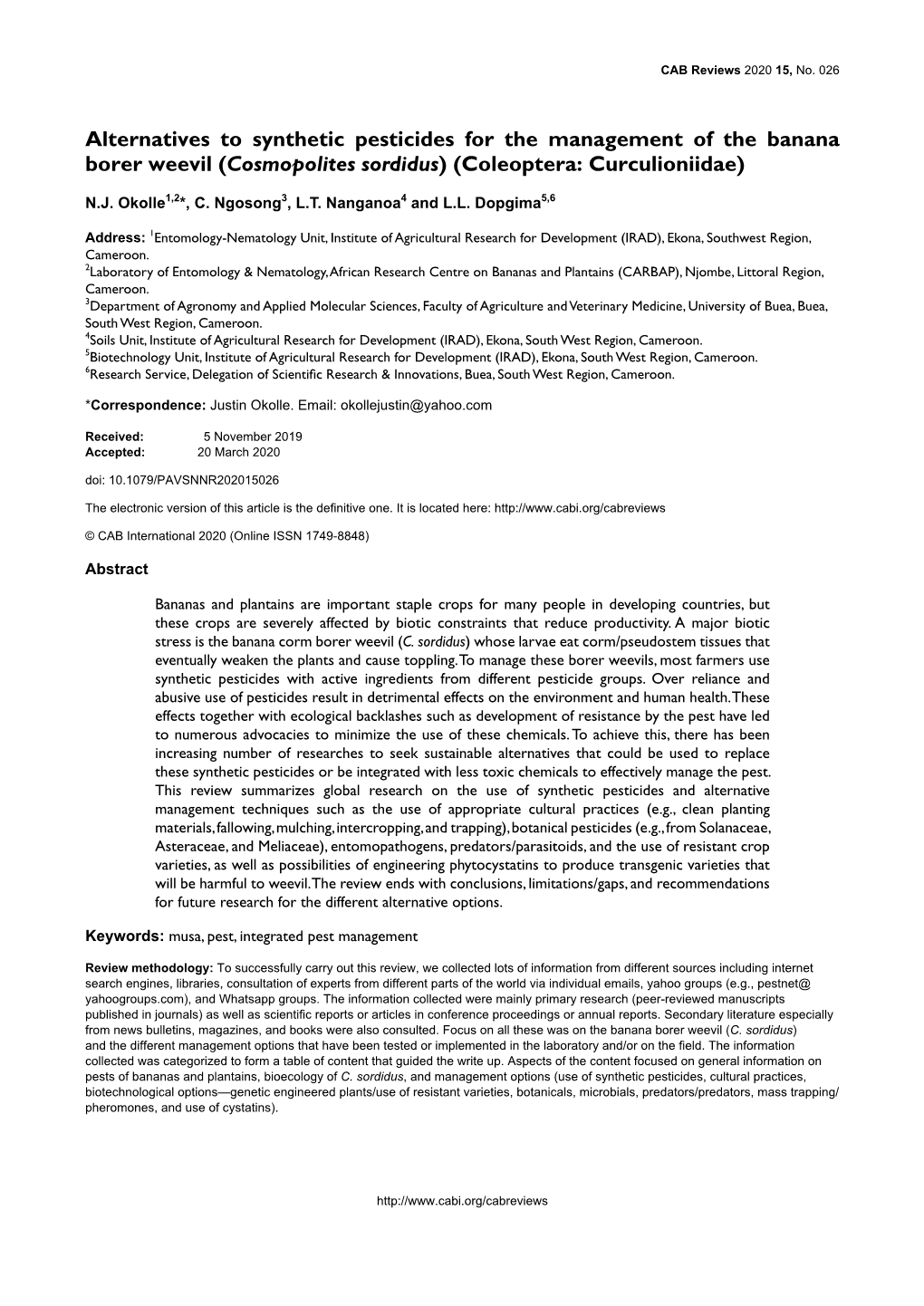 Alternatives to Synthetic Pesticides for the Management of the Banana Borer Weevil (Cosmopolites Sordidus) (Coleoptera: Curculioniidae)