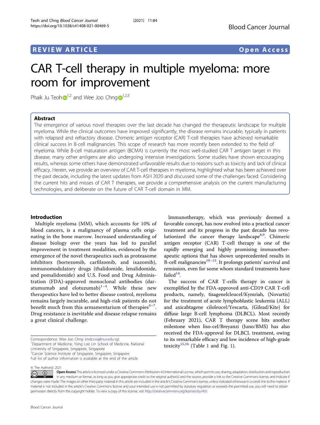 CAR T-Cell Therapy in Multiple Myeloma: More Room for Improvement Phaik Ju Teoh 1,2 and Wee Joo Chng 1,2,3