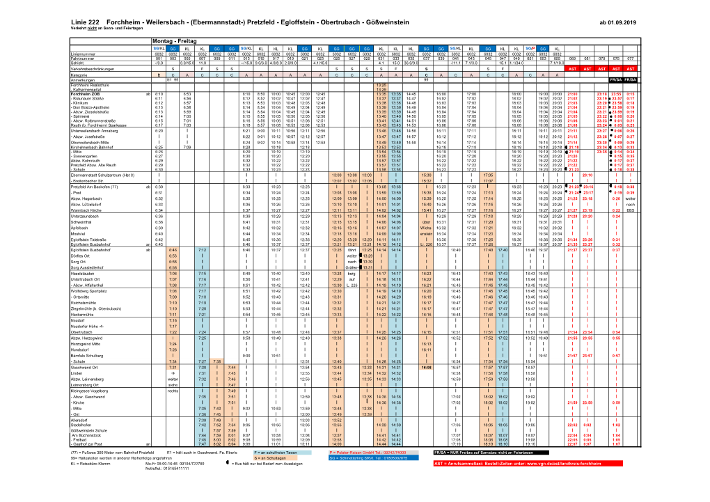 Linie 222 Forchheim - Weilersbach - (Ebermannstadt-) Pretzfeld - Egloffstein - Obertrubach - Gößweinstein Ab 01.09.2019 Verkehrt Nicht an Sonn- Und Feiertagen