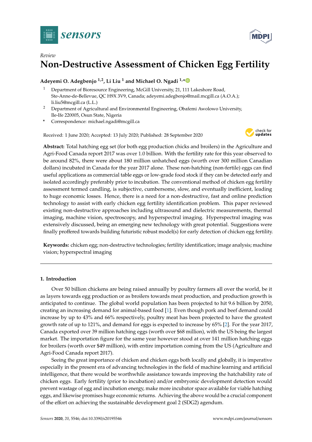 Non-Destructive Assessment of Chicken Egg Fertility