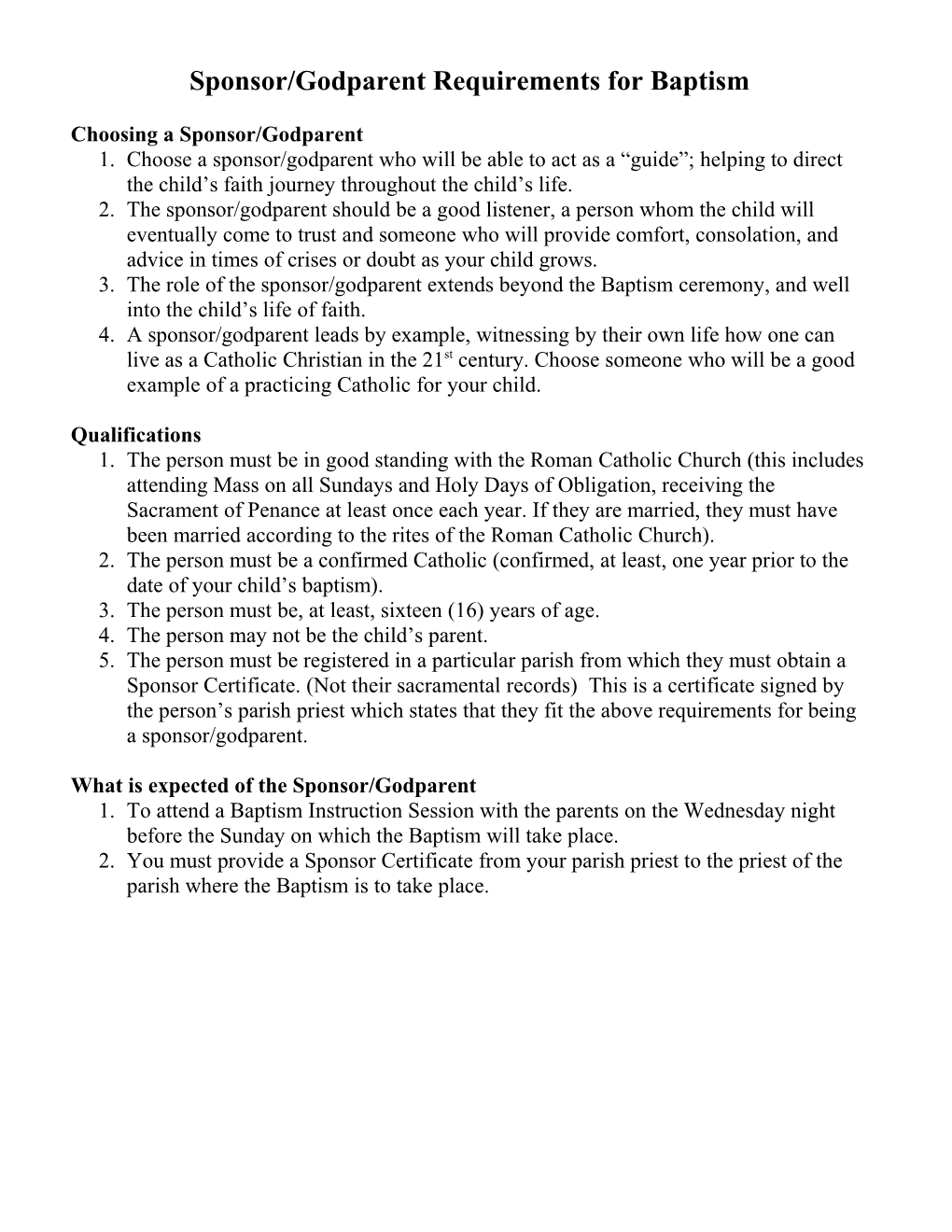 Sponsor/Godparent Requirements for Baptism