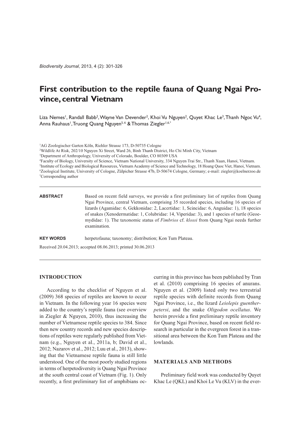 First Contribution to the Reptile Fauna of Quang Ngai Pro- Vince, Central Vietnam