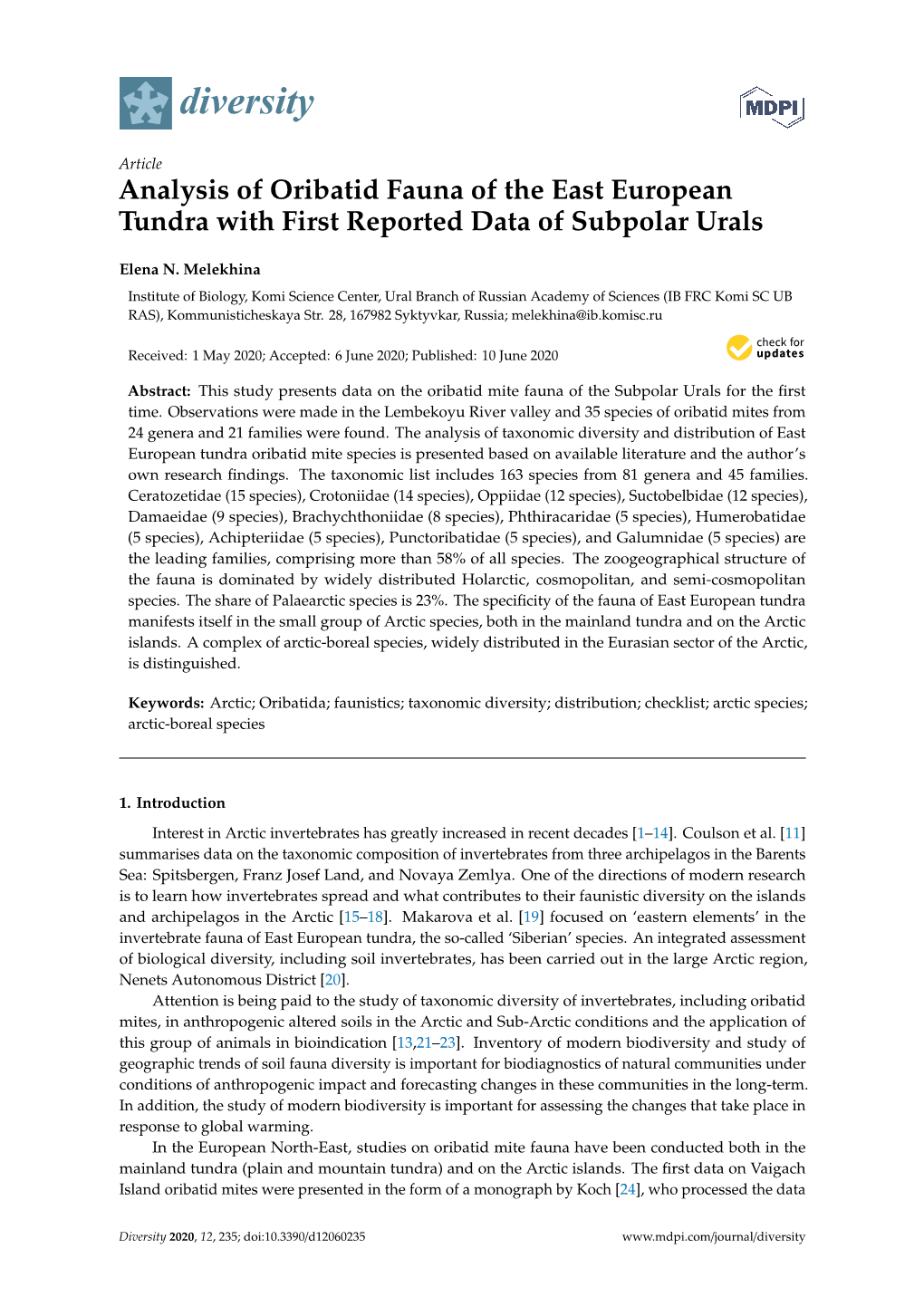 Analysis of Oribatid Fauna of the East European Tundra with First Reported Data of Subpolar Urals