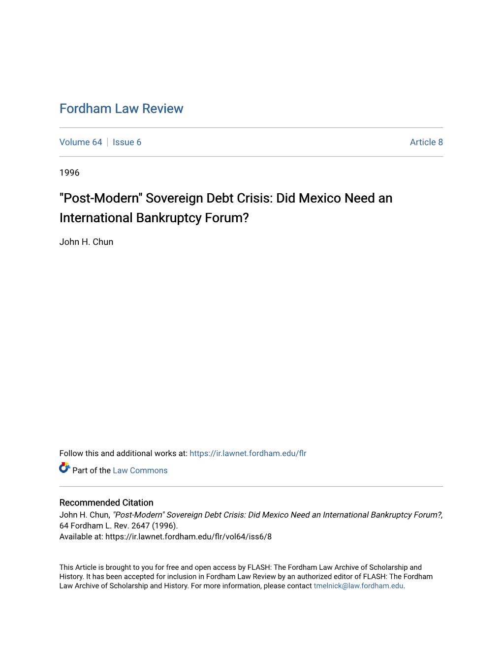 Sovereign Debt Crisis: Did Mexico Need an International Bankruptcy Forum?