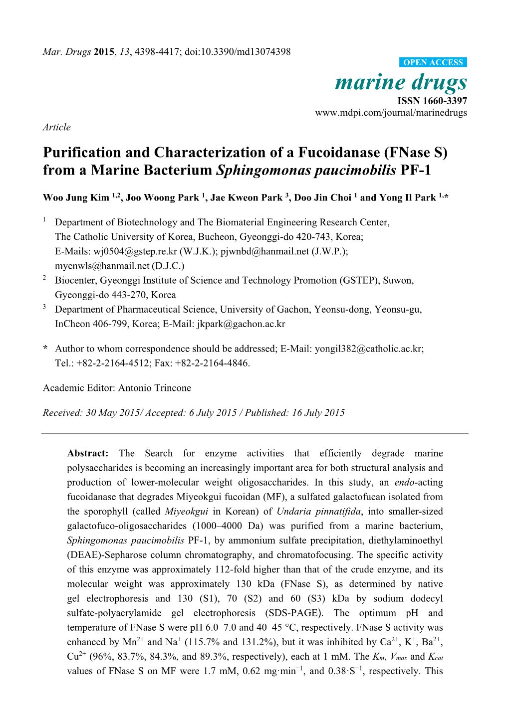 Purification and Characterization of a Fucoidanase (Fnase S) from a Marine Bacterium Sphingomonas Paucimobilis PF-1