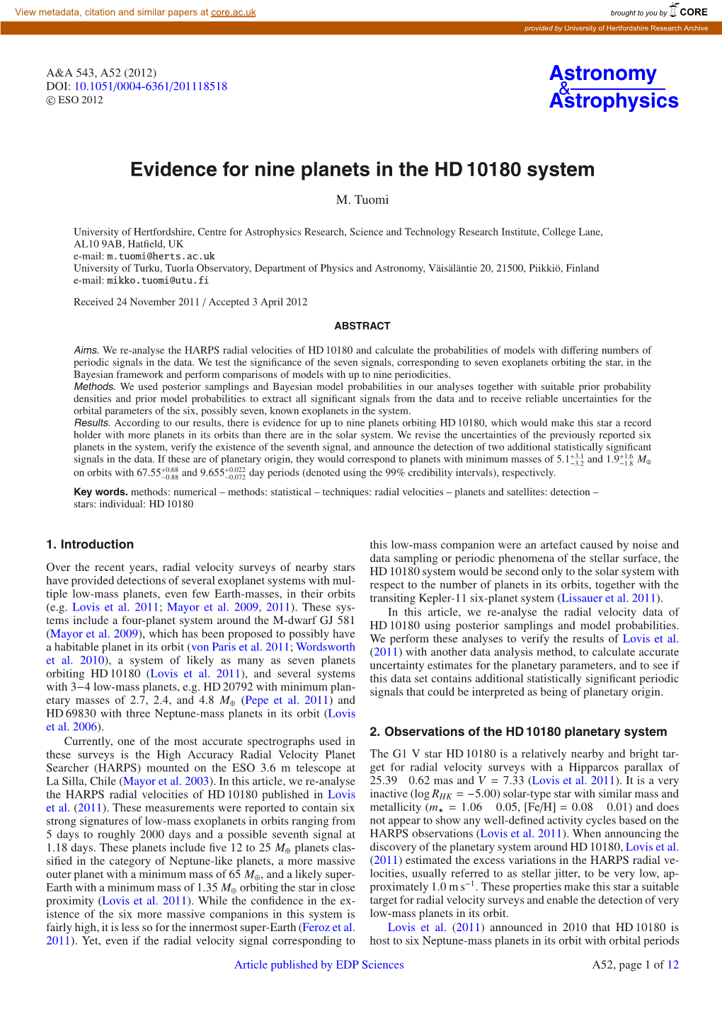 Evidence for Nine Planets in the HD 10180 System