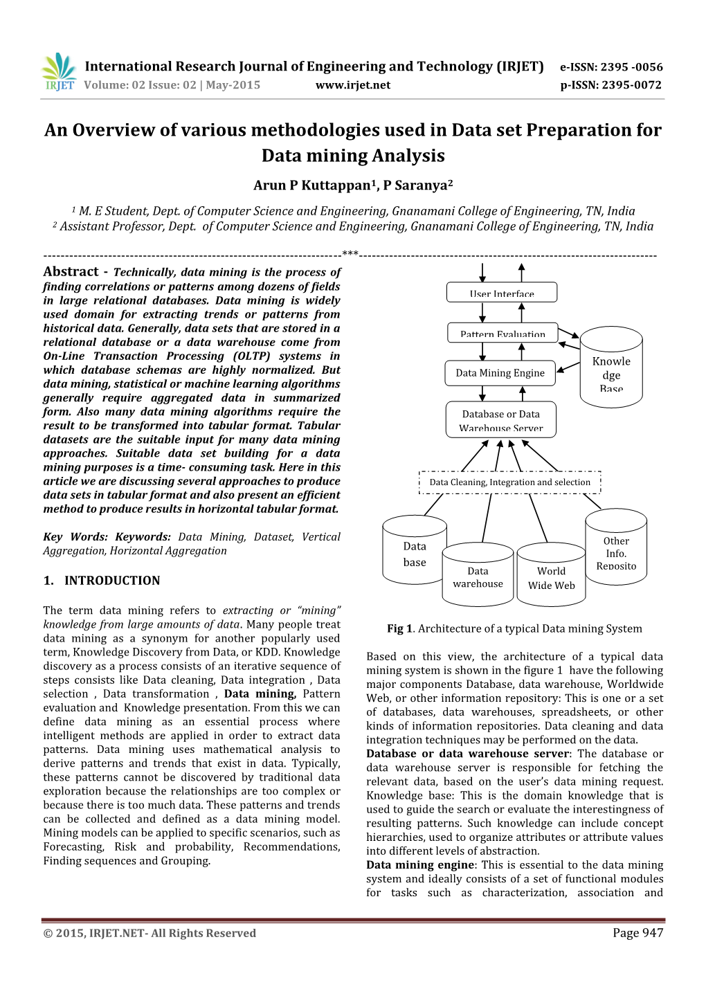 An Overview of Various Methodologies Used in Data Set Preparation for Data Mining Analysis Arun P Kuttappan1, P Saranya2