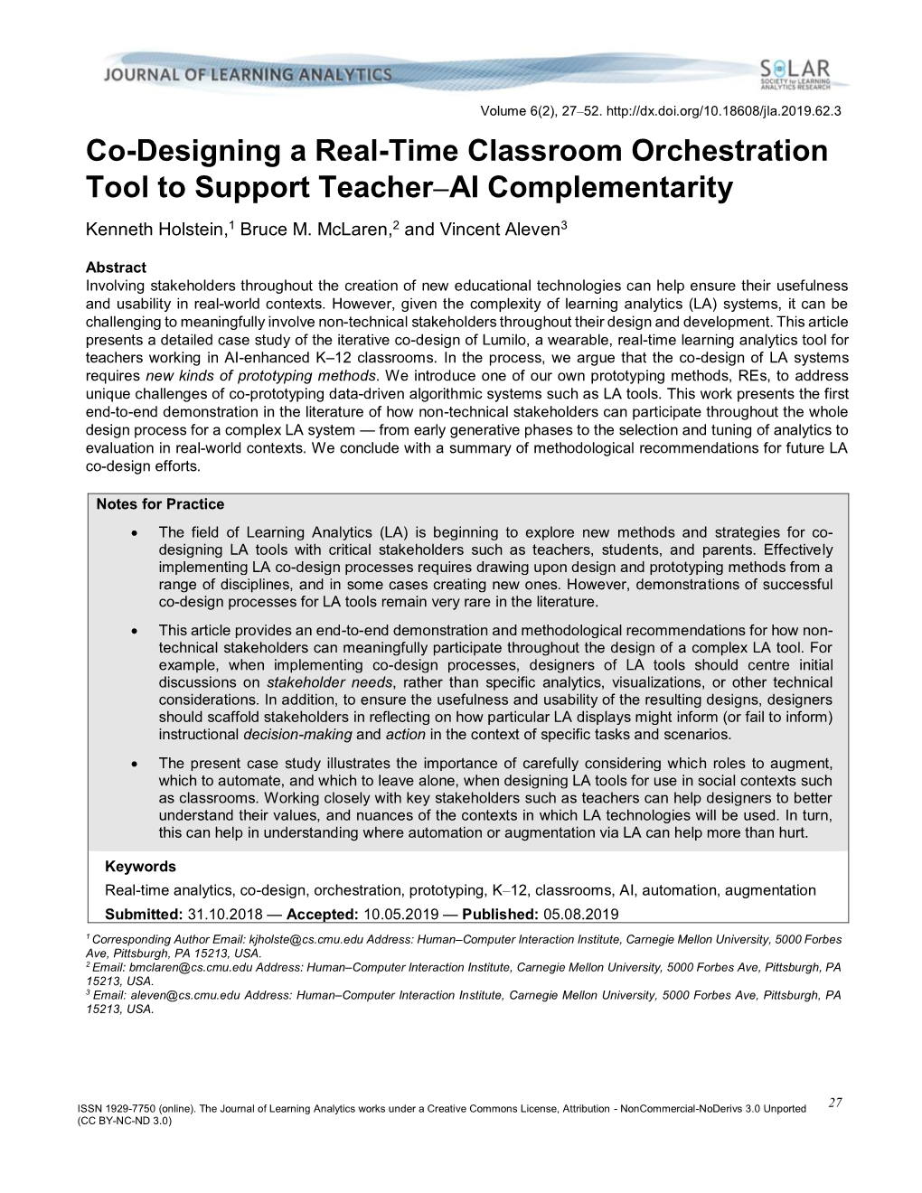 Co-Designing a Real-Time Classroom Orchestration Tool to Support Teacher–AI Complementarity Kenneth Holstein,1 Bruce M