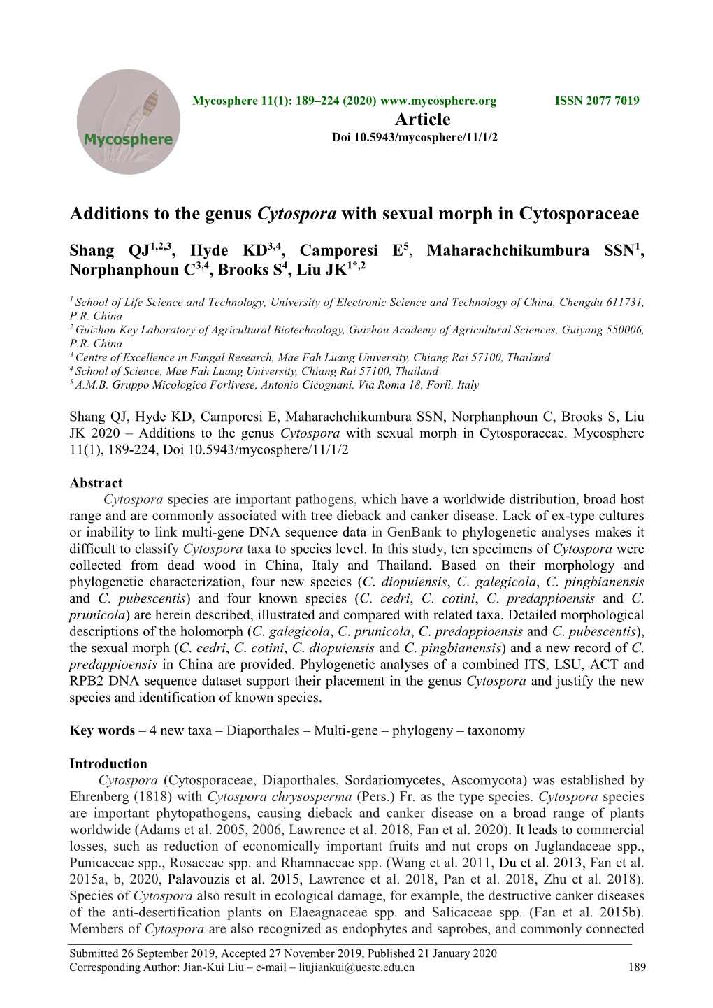 Additions to the Genus Cytospora with Sexual Morph in Cytosporaceae