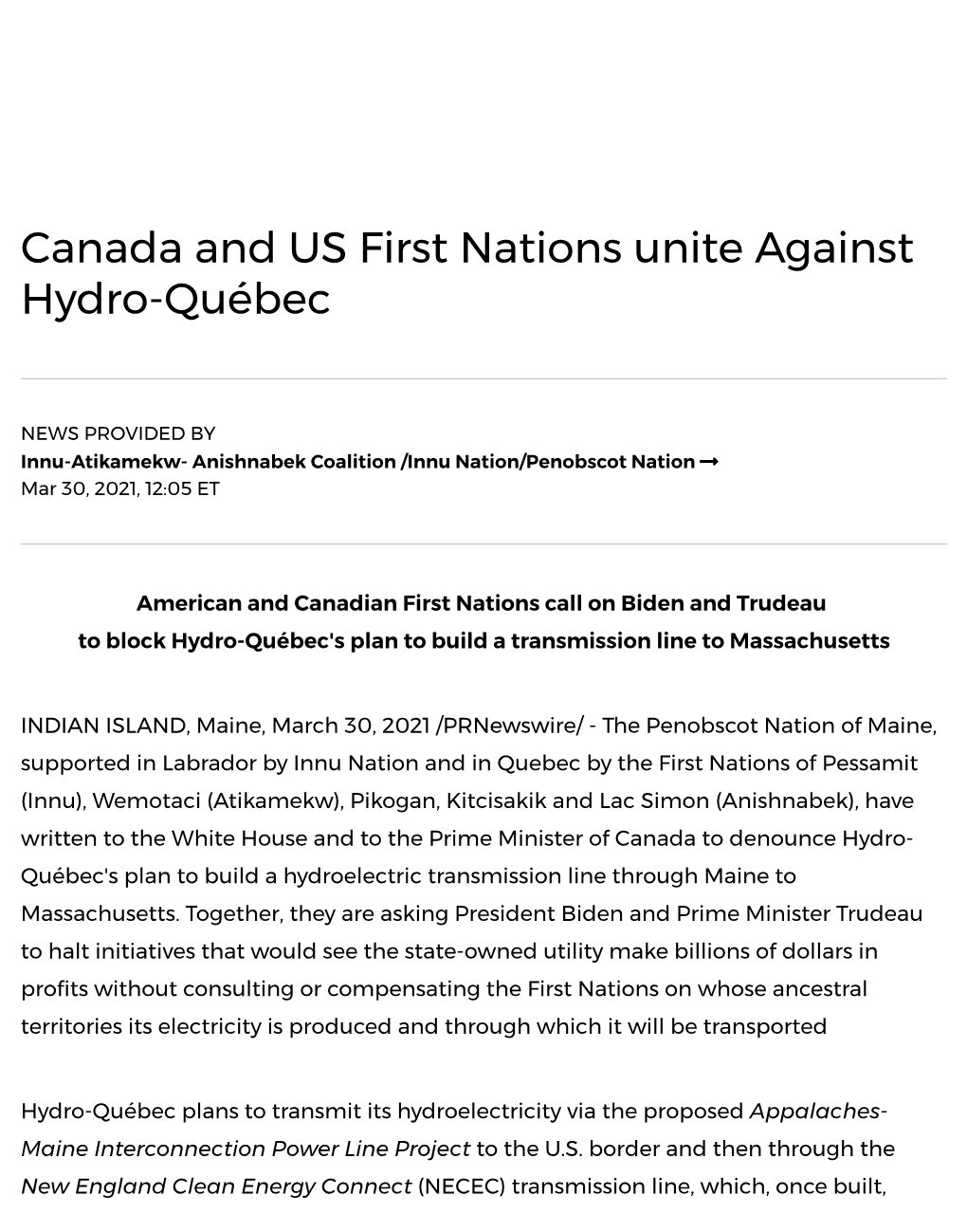 Canada and US First Nations Unite Against Hydro-Québec