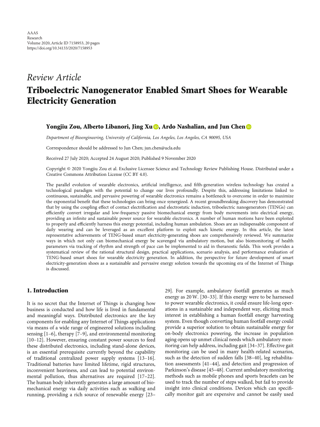 Review Article Triboelectric Nanogenerator Enabled Smart Shoes for Wearable Electricity Generation