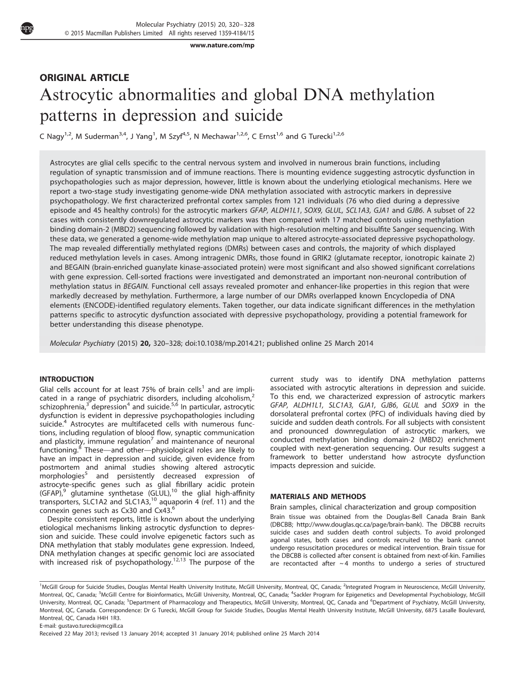 Astrocytic Abnormalities and Global DNA Methylation Patterns in Depression and Suicide